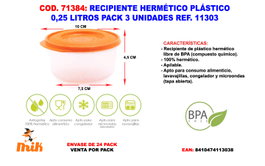 Recipiente Hermético Plástico 0,25 Litros Pack 3 Unidades