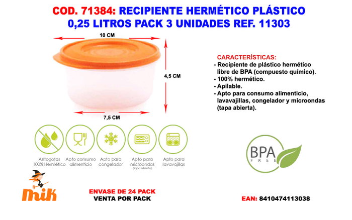 Recipiente Hermético Plástico 0,25 Litros Pack 3 Unidades Recipiente Hermético Plástico 0,25 Litros Pack 3 Unidades