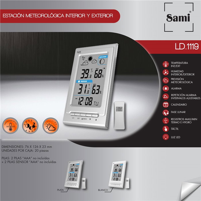 SAMI Estación meteorológica vertical con LCD y luz interior/exterior