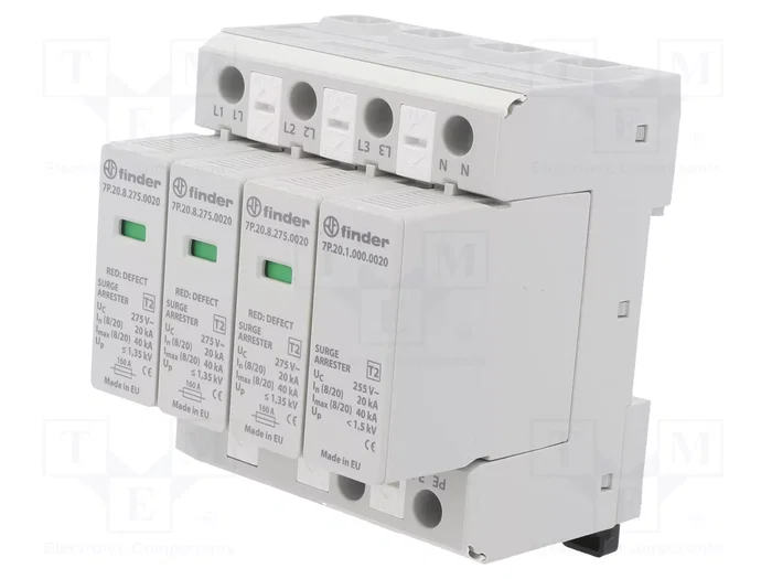 FINDER Limitador de sobretensiones Tipo 2 3+NPE 275V AC 20kA FINDER Limitador de sobretensiones Tipo 2 3+NPE 275V AC 20kA