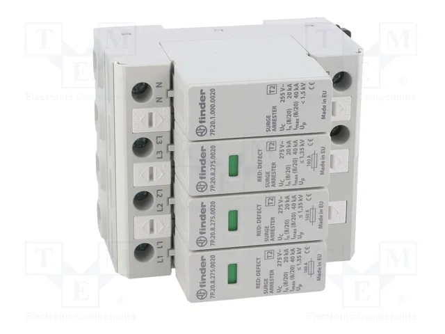 FINDER Limitador de sobretensiones Tipo 2 3+NPE 275V AC 20kA FINDER Limitador de sobretensiones Tipo 2 3+NPE 275V AC 20kA