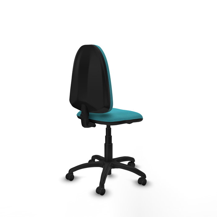 Silla de oficina Aýna con mecanismo Contacto permanente básico tapizada con Tela color Turquesa. Equipada con Base poliamida negra, Sin brazos y Ruedas de parqué
