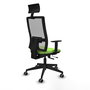 Silla de oficina Horna con mecanismo Sincro/Traslack tapizada con Tela color Pistacho y malla color Gris. Equipada con lumbar 1D, Brazos 1D, Cabecero Fijo y Ruedas 65 mm parqué