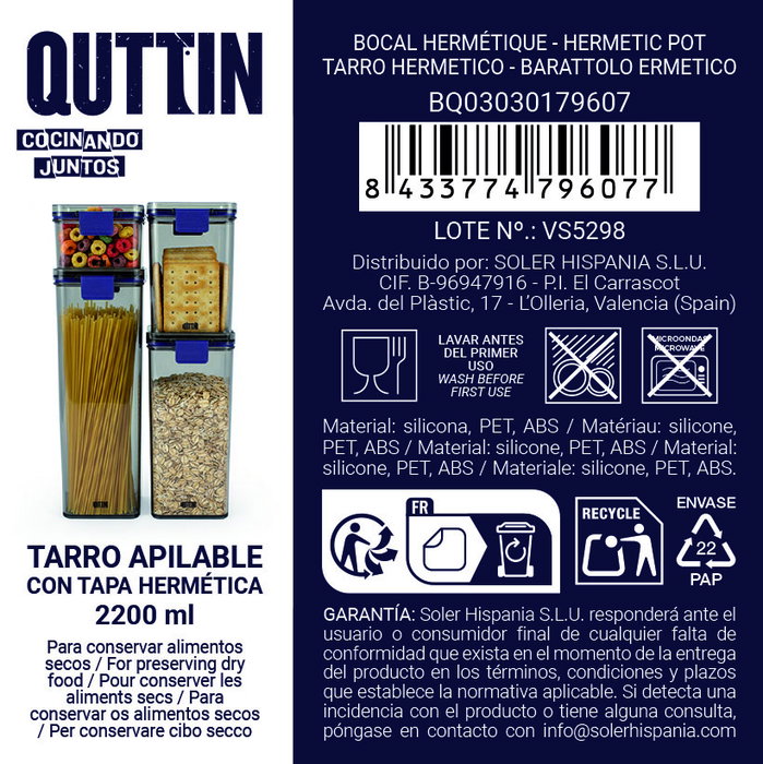 Inde Tarro Cuadrado de Plástico PET con Tapa Hermética de 2200 ml / 10 x 11.5 x 29 cm para Almacenamiento (12 Unidades)