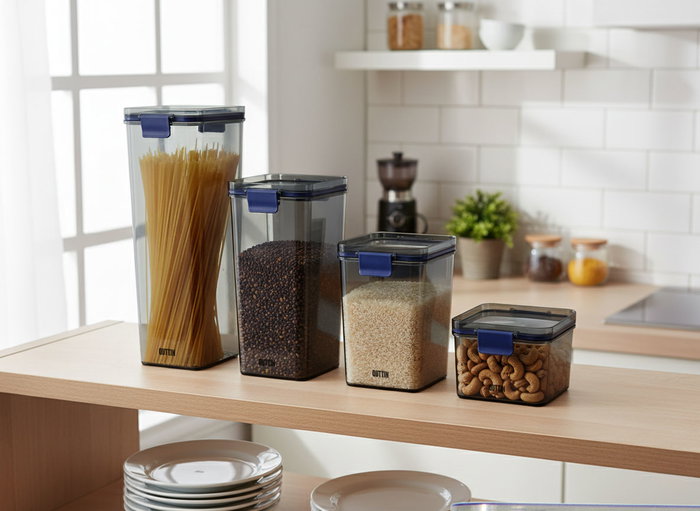 Inde Tarro Cuadrado de Plástico PET con Tapa Hermética de 2200 ml / 10 x 11.5 x 29 cm para Almacenamiento (12 Unidades)