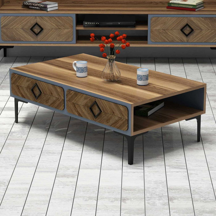 Hanah Home Samba - Blue Mesa de Centro, Diseño Moderno y Novedoso, Combinación de Nogal y Azul, Fabricada en Tablero de Partículas Recubierto de Melamina