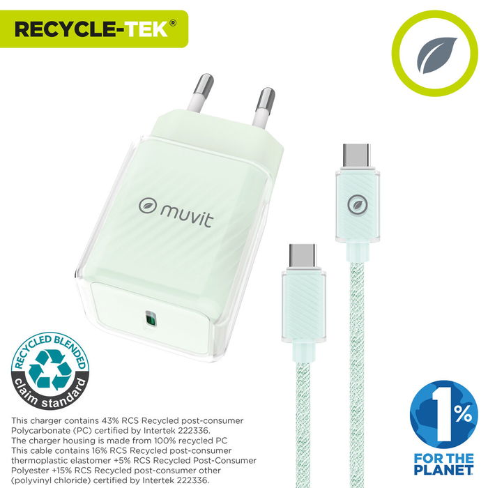 Cargador de Pared + Cable USB-C Muvit for Change Glass GaN Verde