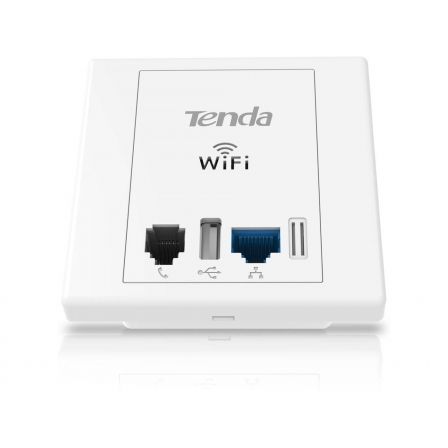 ADAPTADOR DE ENCHUFE TENDA W6 - VALIDO PARA PARED - WiFi N 300MBPS - 2XPUERTOS DE RED - 1XUSB 2.0 (CARGA) - 1XRJ11 - INCLUYE CAJA PARA EMPOTRAR
