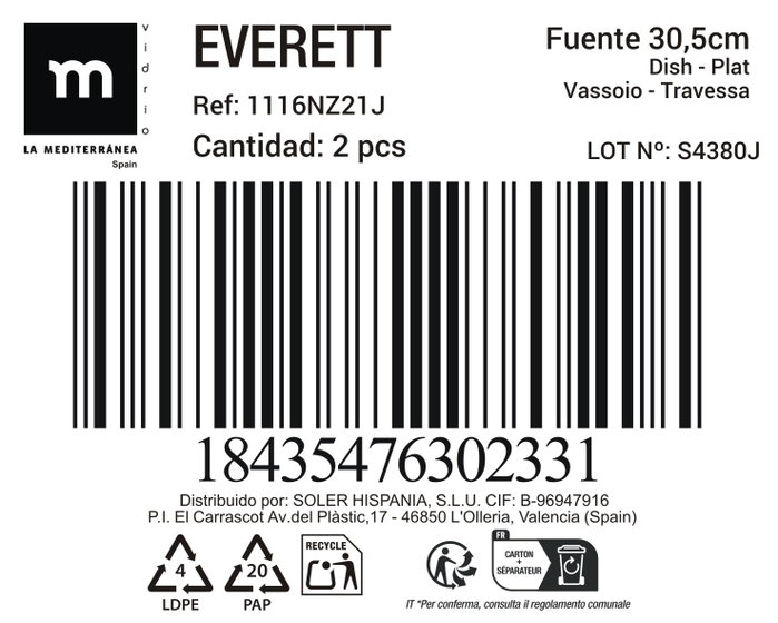 La Mediterranea Fuente Oval Everett de Opal 30,5 cm (Pack de 12)移sku: B18XX6PRKB, ean13: '8435476302334', category_label: Vajilla, sources: [{source_code: solerhispania, source_sku: MASTER12U1116NZ21J, mandatory_customer_facts: {field: name, value: 'FUENTE OVAL 30,5cm OPAL 'EVERETT' MD '}, field: description, value: <p>Fuente Oval 30,5Cm Opal 'Everett' Md</p><p><b>Marca:</b> La Mediterranea</p><br><ul><li><b>Colección</b><ul><li>Everett</li></ul></li><li><b>Medidas piezas (cm)</b><ul><li>495g</li><li>30.5x22.5x2.5cm</li></ul></li><li><b>Peso (kg)</b><ul><li>6.93</li></ul></li><li><b>Número de unidades</b><ul><li>12</li></ul></li></ul>, field: brand, value: La Mediterranea, field: weight_g, value: 6930.0, field: height_mm, value: 267.0, field: width_mm, value: 271.0, field: length_mm, value: 348.0, field: package_quantity, value: 12, field: extra_attributes.coleccion, value: EVERETT, field: extra_attributes.medidaspieza, value: 495g/30.5x22.5x2.5cm, field: extra_attributes.supplier_next_arrival_qty, value: '0'}],
