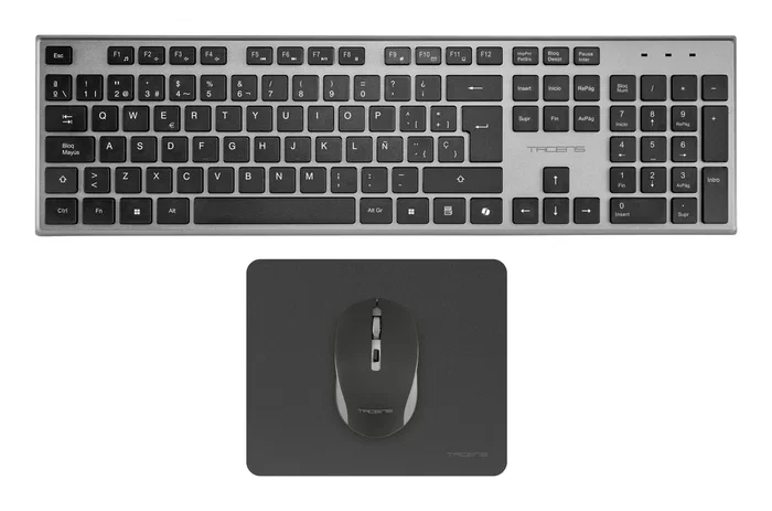 Tacens Combo Gaming Inalámbrico ZENITHES - Teclado Español Full-Size QWERTY, Ratón Óptico 3200 DPI, Alfombrilla de Precisión - Gris - Kit 3-en-1 con SmartKey Copilot AI
