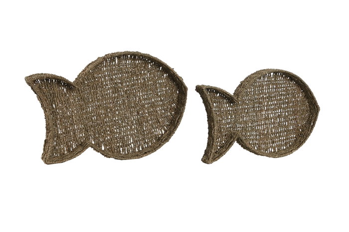 DKD Home Decor Set de 2 Bandejas de Seagrass y Metal con Diseño de Pez, Natural
