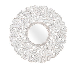 GINER Y COLOMER Espejo Redondo Decorativo Tallado a Mano, MDF, Acabado Pátina Blanca, Diámetro 120 cm