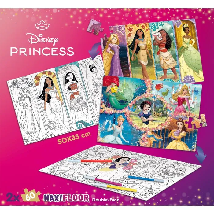 Liscianigiochi Rompecabezas MaxiFloor Doble Cara Princesas - 2 x 60 Piezas - Puzzle Infantil a Partir de 4 Años