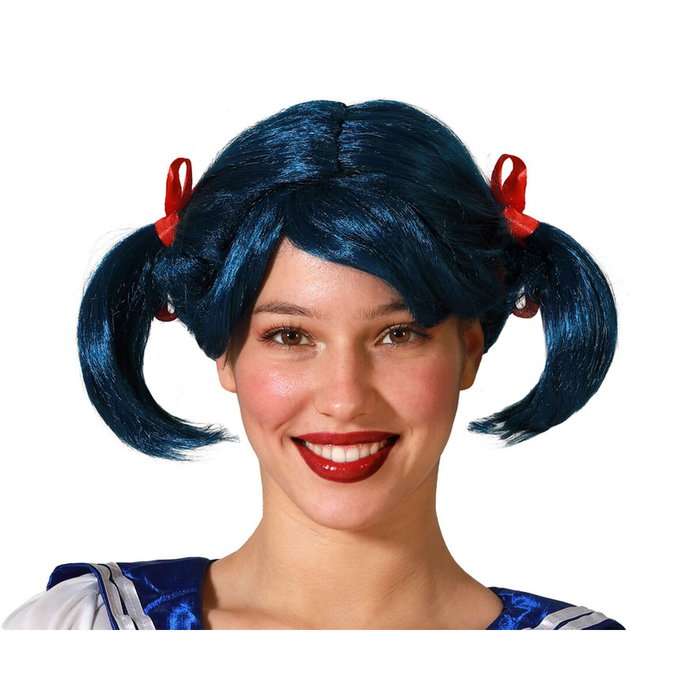 Atosa Peluca Azul con Coletas y Lazos Rojos para Cosplay y Fiestas Atosa Peluca Azul con Coletas y Lazos Rojos para Cosplay y Fiestas