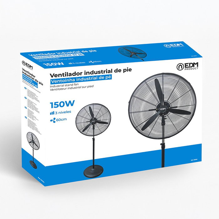 EDM Ventilador Industrial de Pie Negro, 150W, Ø60 cm, 3 Velocidades, Altura Ajustable 140-165 cm, Flujo Aire 19440 m³/h, Base Antideslizante