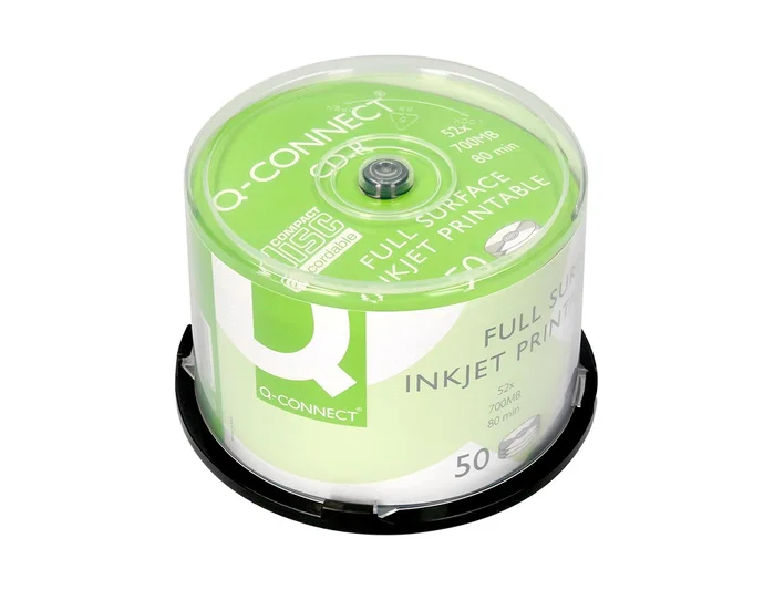 Q-connect CD-R con Superficie 100% Imprimible para Inkjet, Capacidad 700MB, Duración 80min, Velocidad 52x, Bote de 50 Unidades