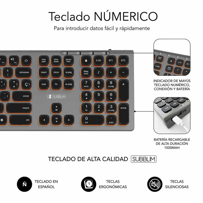 Subblim Master Teclado Inalámbrico con Retroiluminación Gris y Negro