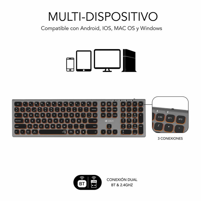 Subblim Master Teclado Inalámbrico con Retroiluminación Gris y Negro