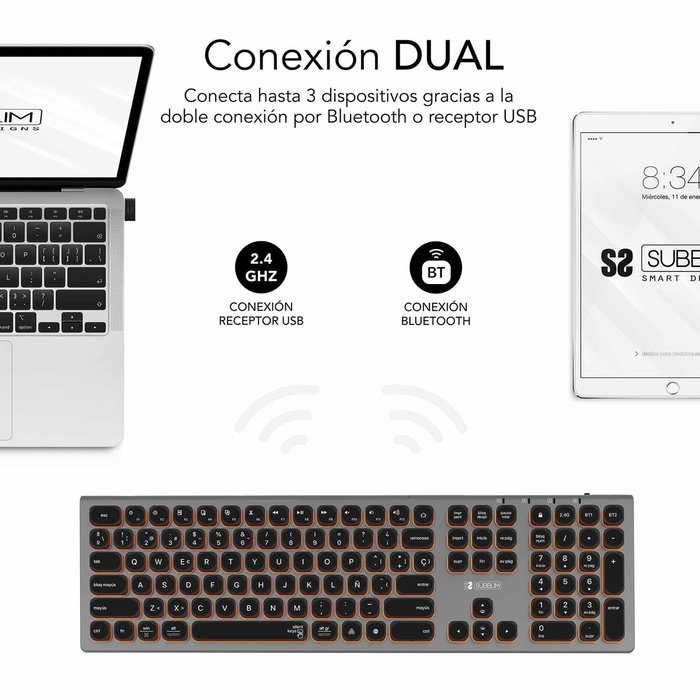 Subblim Master Teclado Inalámbrico con Retroiluminación Gris y Negro