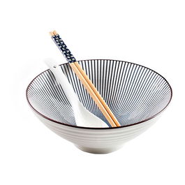 Ibili Hakata Set de Ramen - Cuenco y Cuchara de Porcelana, Palillos de Bambú - Aptos para Lavavajillas, Ideal para Sopa, Udon y Fideos
