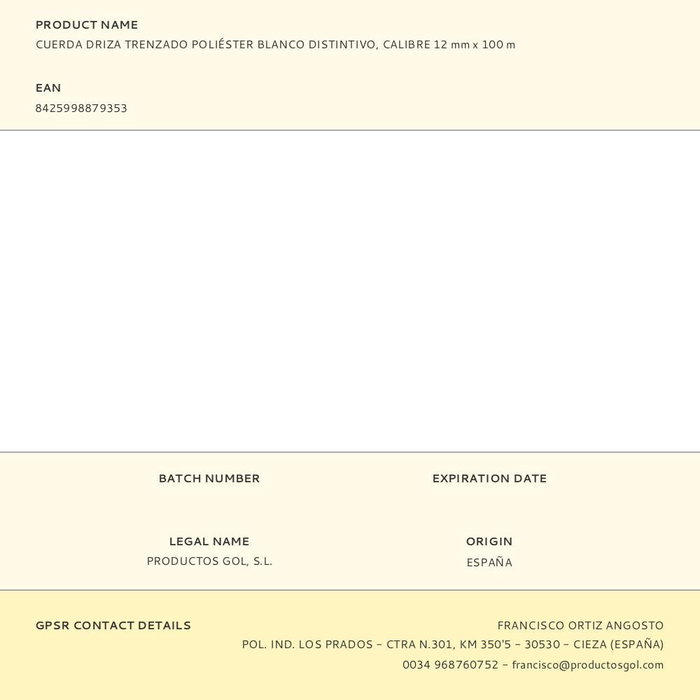 Edm Cuerda Driza Trenzado Poliéster Blanco Distintivo, Calibre 12 mm x 100 m, Resistencia 1000 kg