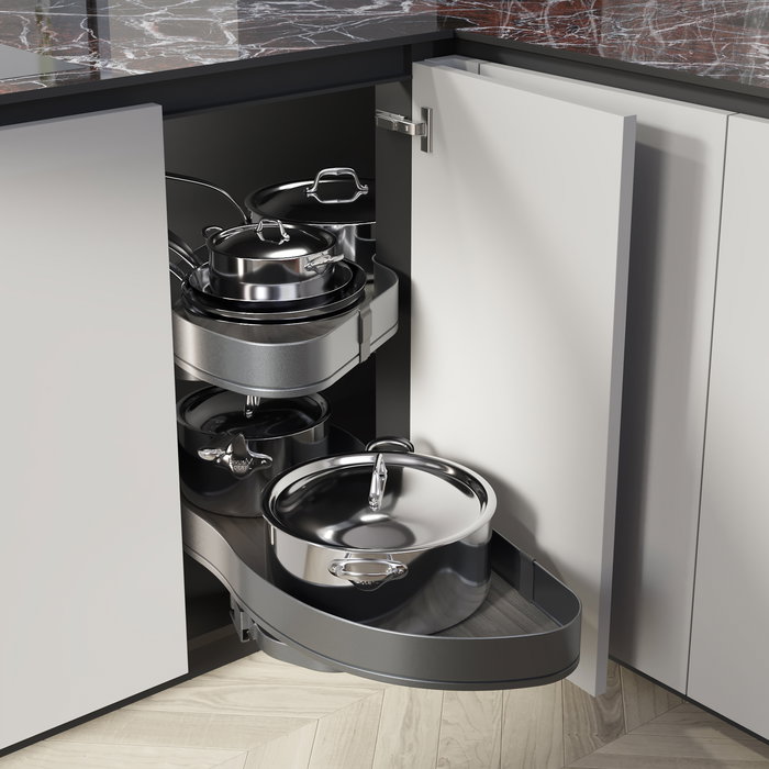 Emuca Sistema de rincón extraíble Lake Harmony para mueble de cocina, Izquierda, Altura regulable, Acero y Madera, Gris antracita