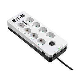 Eaton PB8TUD Protección Contra Sobretensiones con 8 Salidas AC, 2 Puertos USB, 2500W, Cable 1.5 m, Blanco y Negro