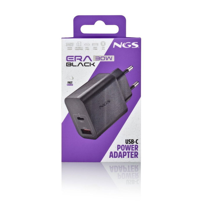 NGS Cargador de pared GaN ERA 30W con USB-C y USB-A, Negro