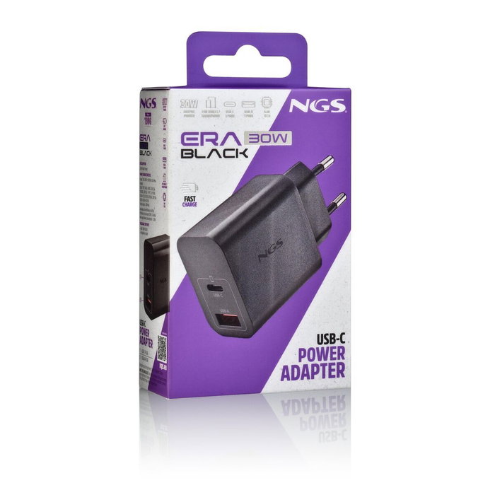 NGS Cargador de pared GaN ERA 30W con USB-C y USB-A, Negro