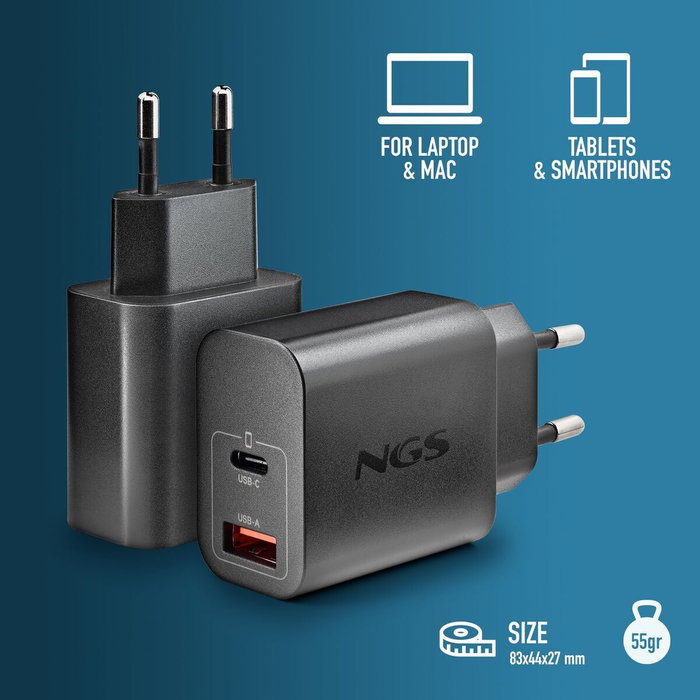 NGS Cargador de pared GaN ERA 30W con USB-C y USB-A, Negro