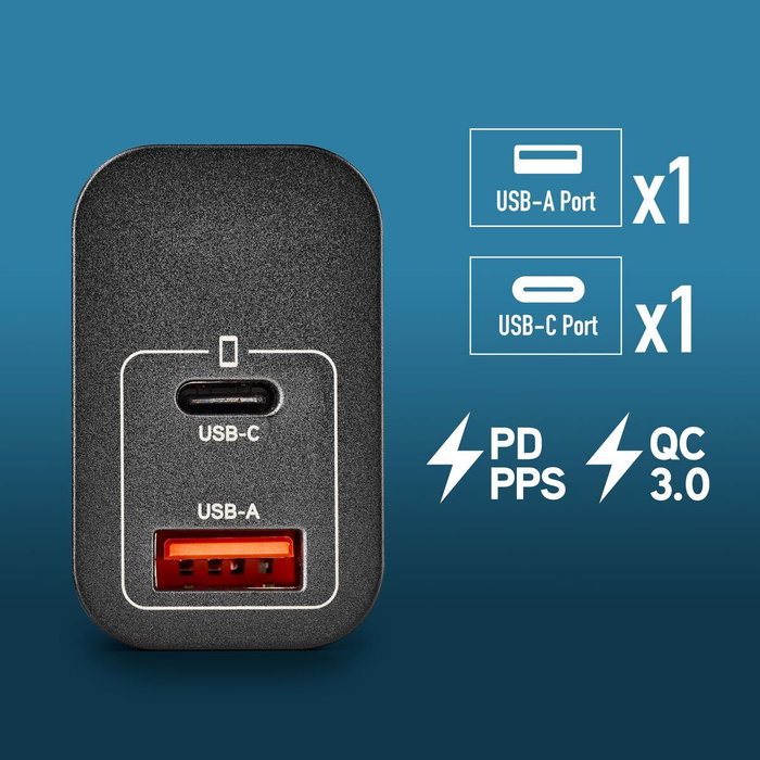 NGS Cargador de pared GaN ERA 30W con USB-C y USB-A, Negro