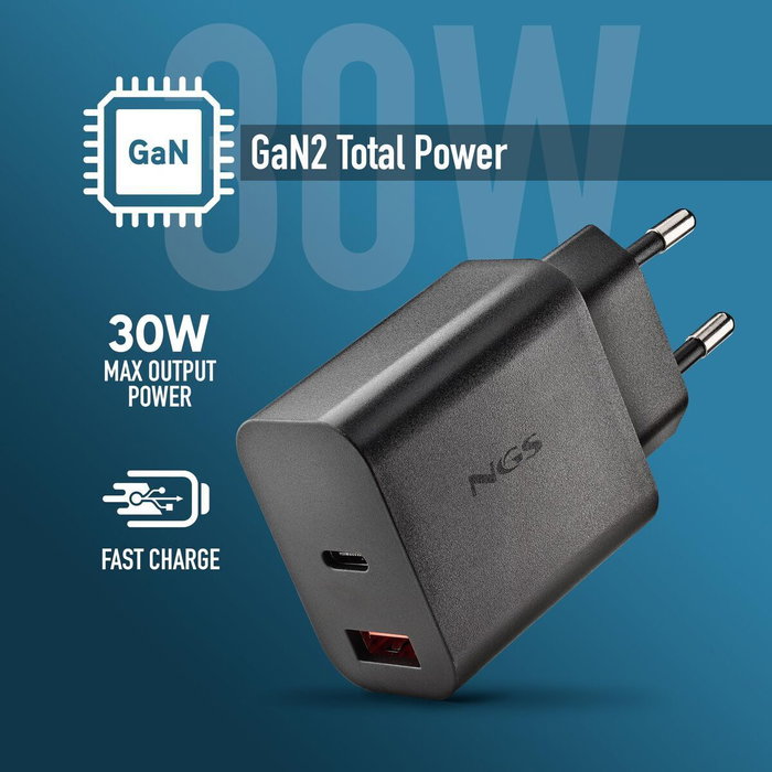 NGS Cargador de pared GaN ERA 30W con USB-C y USB-A, Negro
