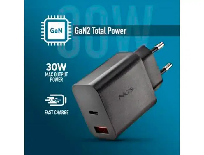 Ngs - Cargador de Pared GAN Ultrapotente 30W con USB-C PD/PPS + USB-A QC 3.0, Compacto, para Portátiles, Smartphones y Tablets