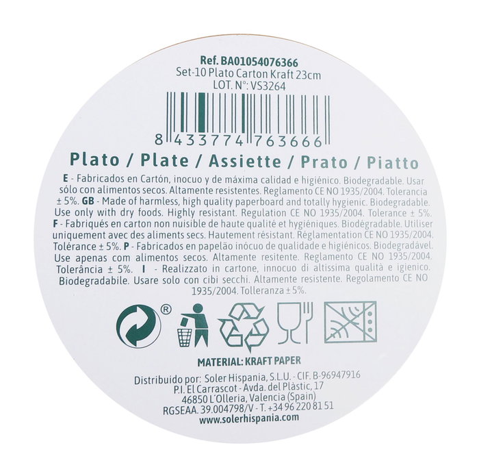 Algon Set 10 Platos de Cartón Kraft 23 cm (18 Unidades)