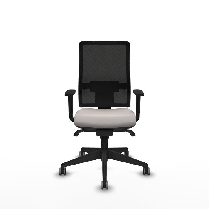 Silla de oficina Horna con mecanismo Sincro tapizada con Similpiel color Blanco y malla color Negro. Equipada con lumbar 1D, Brazos 1D y Ruedas 65 mm parqué