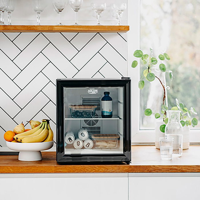 Adler AD8088 Nevera termoeléctrica 29 litros, puerta de vidrio con estante, negra, enfriamiento hasta 5°C, 38 x 47.1 x 45 cm