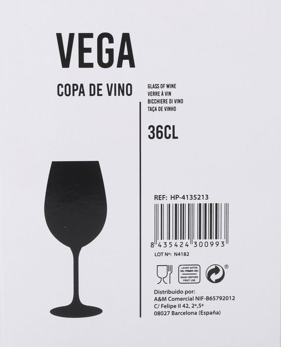 Inde Copa de Vino 'Vega', 36 cl - Copa para vino tinto o blanco, diámetro 6.4 x 20.2 cm, cristal (24 Unidades)