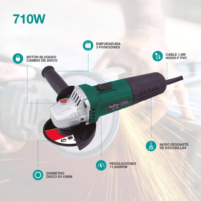 Hantums Amoladora angular eléctrica 710W 11000 rpm