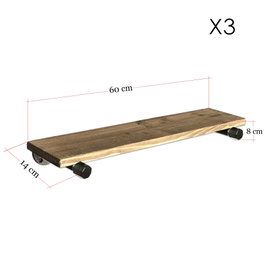 Hanah Home Boruraf087 Estantería de tubo de pared, madera de abeto y metal, 60 cm ancho x 8 cm alto x 14 cm prof. nogal y negro