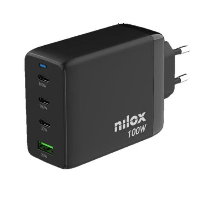 Nilox Cargador Universal GaN 100W con 4 Puertos y Cable USB-C a USB-C de 2m Negro