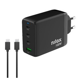 Nilox Cargador Universal GAN 100W 3x USB-C, 1x USB-A, Cable USB-C a USB-C 2m Negro NXGANUSBC100