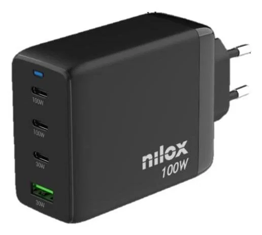 Nilox Cargador Universal GaN 100W con 4 Puertos y Cable USB-C a USB-C de 2m Negro