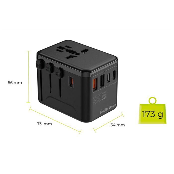 Mobile Origin Adaptador de Viaje GaN 35W PW4 EU/UK/US/AUS 3C+2A Mobile Origin Adaptador de Viaje GaN 35W PW4 EU/UK/US/AUS 3C+2A