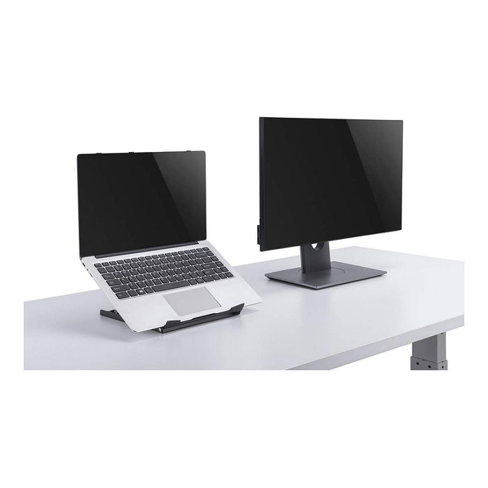 MANHATTAN Soporte para Portátil y Tablet Ajustable, 5 Posiciones, para Pantallas 10"-15.6", Superficie Antideslizante, Hasta 5 kg, Acero Negro