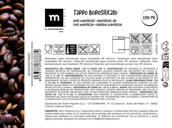 La Mediterranea Tarro Borosilicato con Tapa de Acero 1350 ml (10.8 x 10.8 x 21 cm) (12 Unidades)