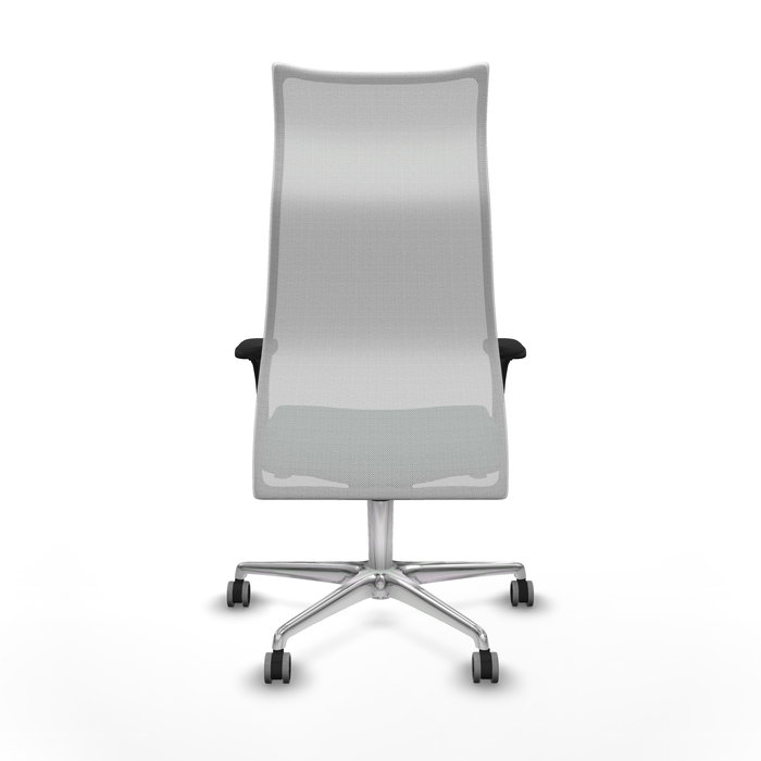 Sillón Albacete con mecanismo Sincro tapizada con Tela color Verde botella y malla color Blanco. Equipado con Base aluminio, Brazos 1D y Ruedas 65 mm parqué