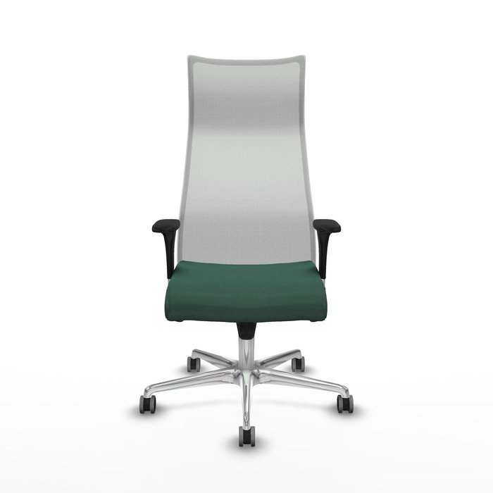 Sillón Albacete con mecanismo Sincro tapizada con Tela color Verde botella y malla color Blanco. Equipado con Base aluminio, Brazos 1D y Ruedas 65 mm parqué