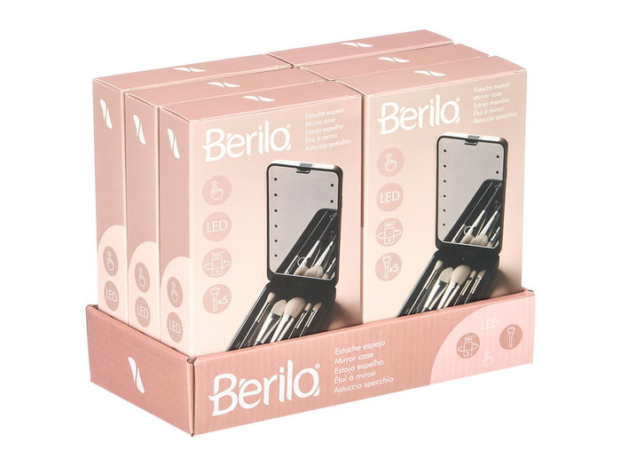 Berilo Estuche Espejo con 5 Brochas de Maquillaje, Plástico/Cristal/Metal/Madera, Negro, 9.5x16.3x3 cm (Set de 12)
