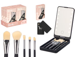 Berilo Estuche Espejo con 5 Brochas de Maquillaje, Plástico/Cristal/Metal/Madera, Negro, 9.5x16.3x3 cm (Set de 12)