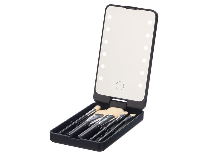 Berilo Estuche Espejo con 5 Brochas de Maquillaje, Plástico/Cristal/Metal/Madera, Negro, 9.5x16.3x3 cm (Set de 12)